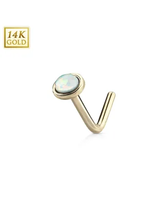 Piercing nez Or jaune 14 carats opale blanche dome tige en L