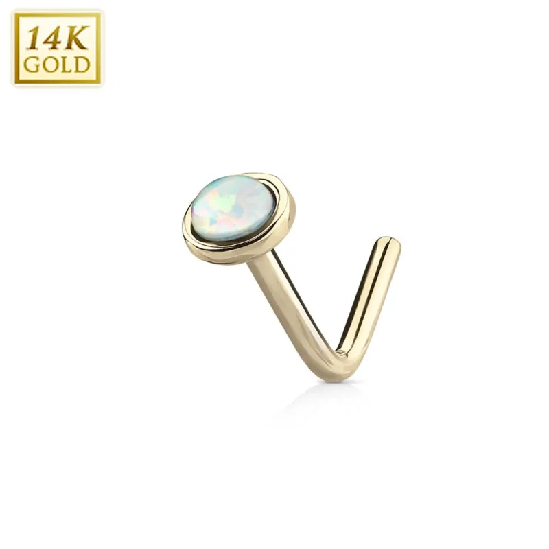 Piercing nez Or jaune 14 carats opale blanche dome tige en L
