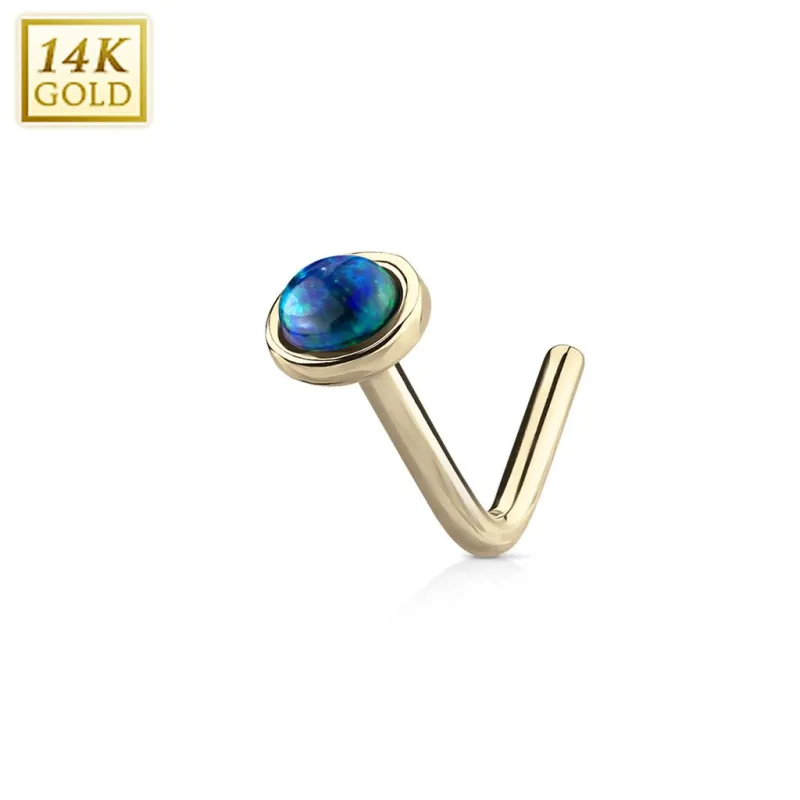 Piercing nez Or jaune 14 carats opale émeraude dome tige en L