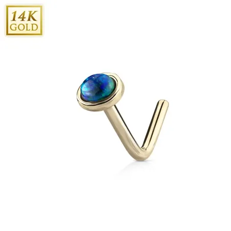 Piercing nez Or jaune 14 carats opale émeraude dome tige en L