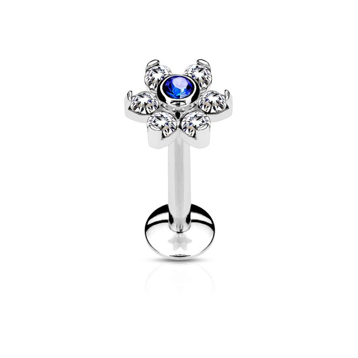 Piercing labret lèvre fleur cristaux bleu