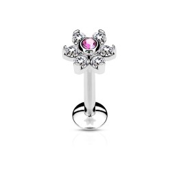 Piercing labret lèvre fleur cristaux rose