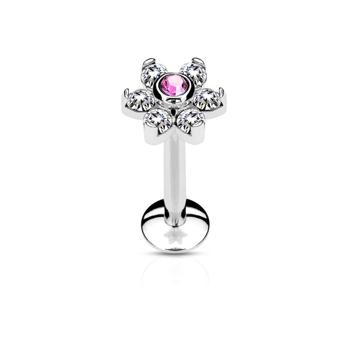 Piercing labret lèvre fleur cristaux rose