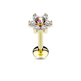 Piercing labret lèvre fleur cristaux blanc acier doré