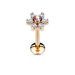 Piercing labret lèvre fleur cristaux blanc acier or rose