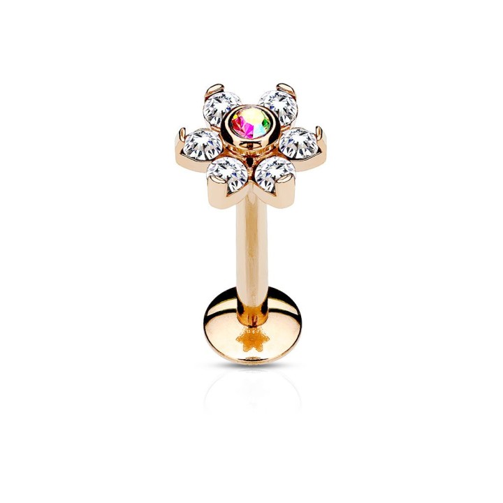 Piercing labret lèvre fleur cristaux blanc acier or rose