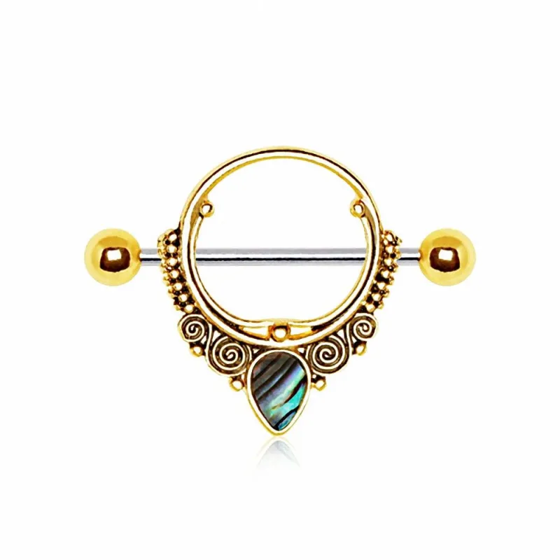 Piercing téton plaqué or bouclier orné nacre
