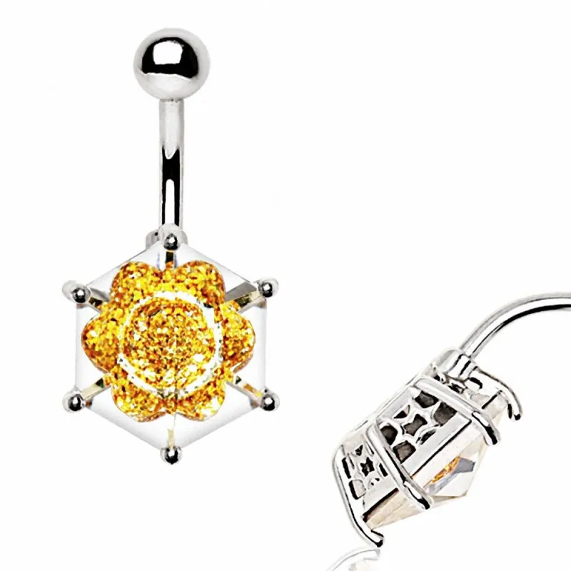 Piercing nombril fleur dorée en verre