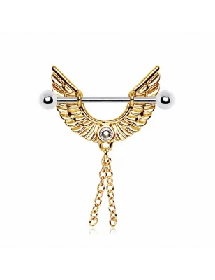 Piercing téton plaqué or ailes d'ange et chaines