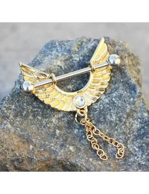 Piercing téton plaqué or ailes d'ange et chaines