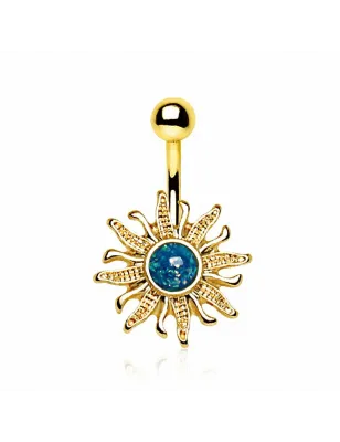 Piercing nombril plaqué or soleil flammes opale bleue