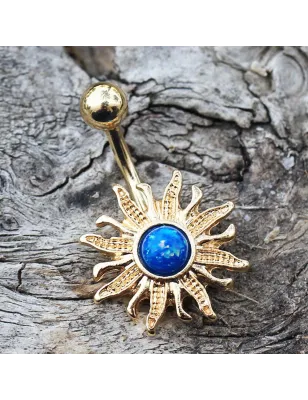 Piercing nombril plaqué or soleil flammes opale bleue