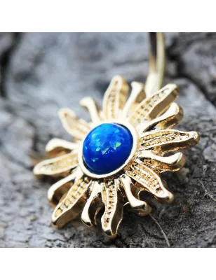 Piercing nombril plaqué or soleil flammes opale bleue