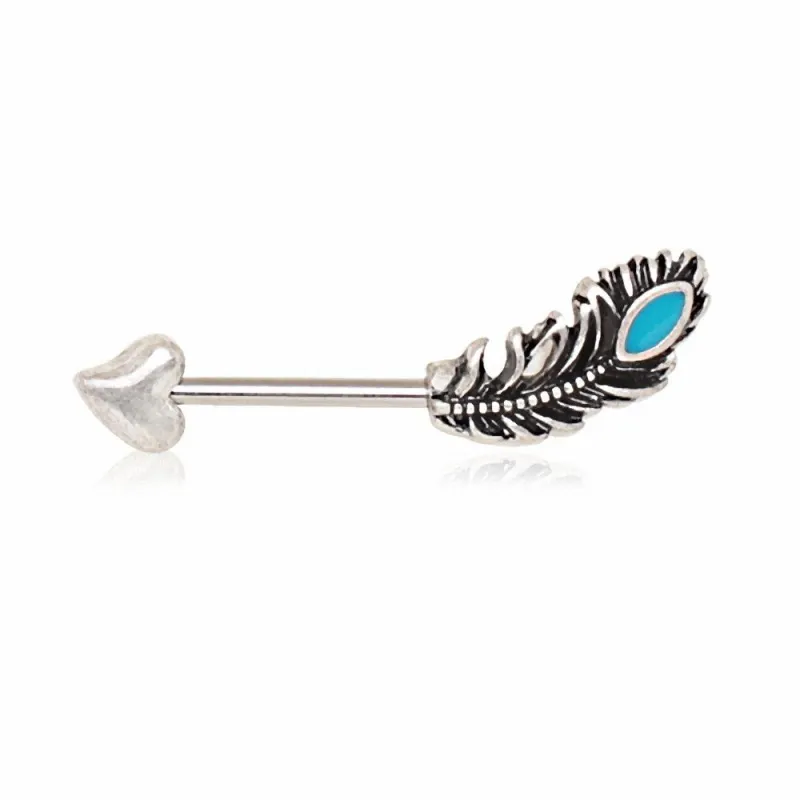Piercing téton flèche et plume turquoise
