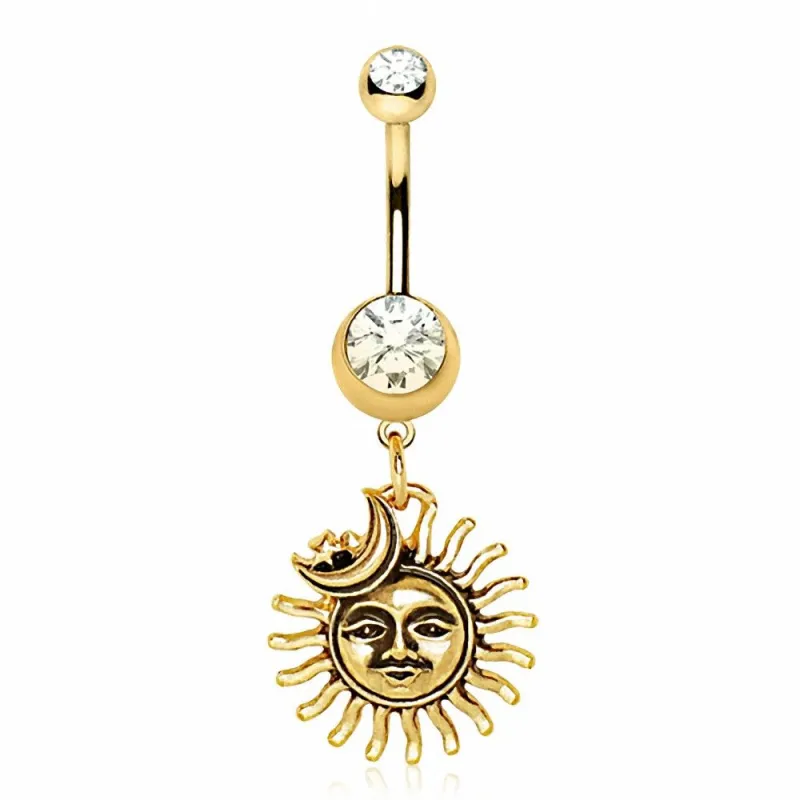 Piercing nombril plaqué or soleil et lune