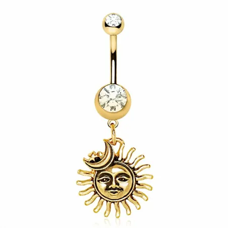 Piercing nombril plaqué or soleil et lune