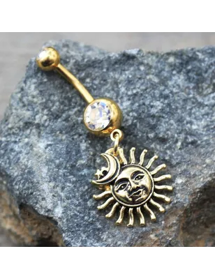 Piercing nombril plaqué or soleil et lune