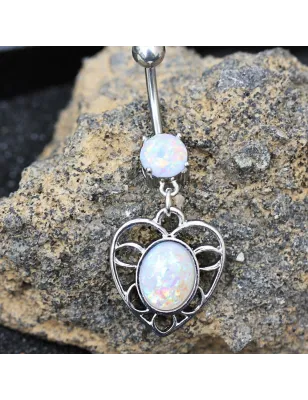 Piercing nombril coeur noeud et opale blanche