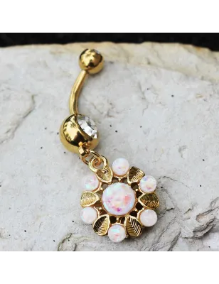 Piercing nombril plaqué or fleur et opales