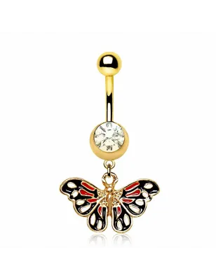 Piercing nombril plaqué or papillon rouge et noir