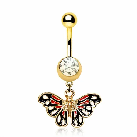 Piercing nombril plaqué or papillon rouge et noir