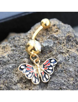 Piercing nombril plaqué or papillon rouge et noir