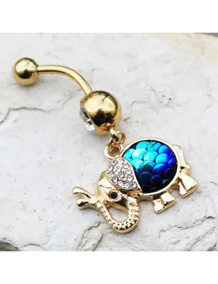 Piercing nombril plaqué or éléphant écailles bleues