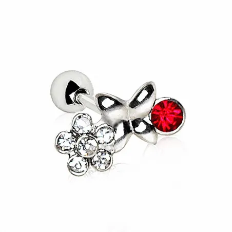 Piercing oreille cartilage hélix papillon et fleur gemme rouge
