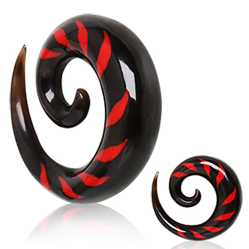 Piercing écarteur spirale en corne de buffle noir et rouge