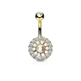 Piercing nombril multiples cristaux et opales blanc plaqué or