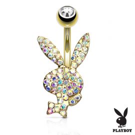 Piercing nombril Playboy plaqué or cristaux aurore boréale