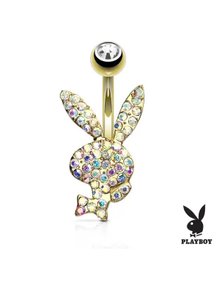 Piercing nombril Playboy plaqué or cristaux aurore boréale