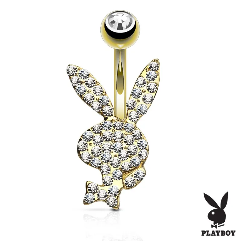 Piercing nombril Playboy plaqué or cristaux blancs