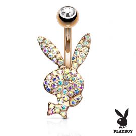 Piercing nombril Playboy plaqué or rose cristaux aurore boréale