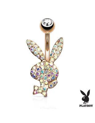 Piercing nombril Playboy plaqué or rose cristaux aurore boréale