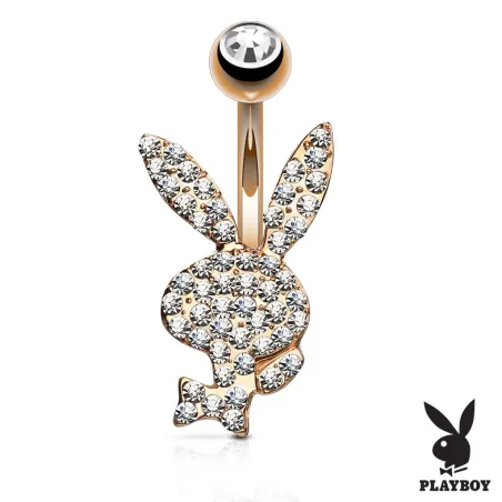 Piercing nombril Playboy plaqué or rose cristaux blancs