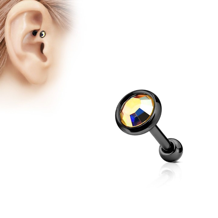 Piercing cartilage noir disque plat strass aurore boréale