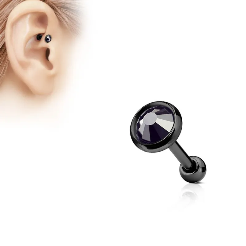Piercing cartilage noir disque plat strass noir