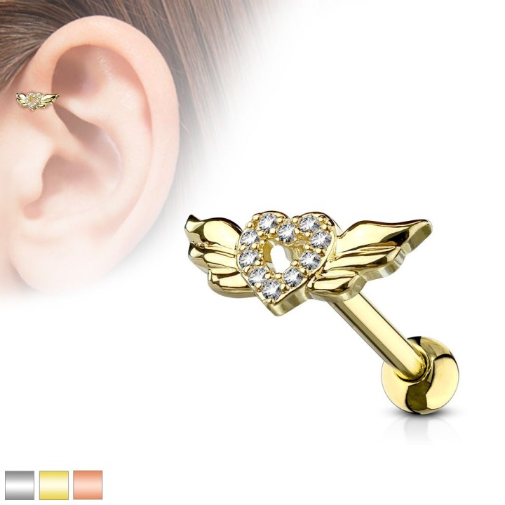 Piercing cartilage coeur avec ailles d'ange plaqué or