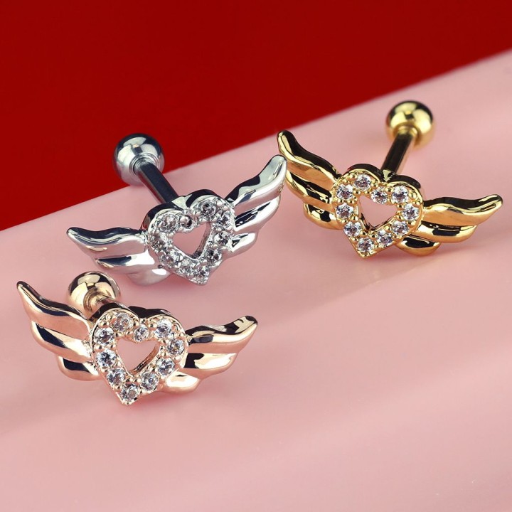 Piercing cartilage coeur avec ailles d'ange plaqué or rose