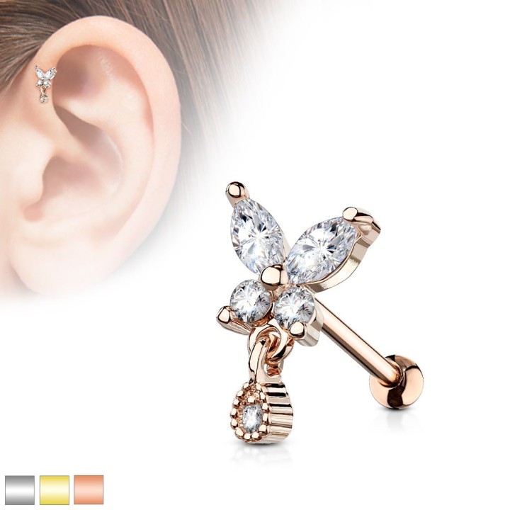 Piercing cartilage papillon et larme plaqué or rose
