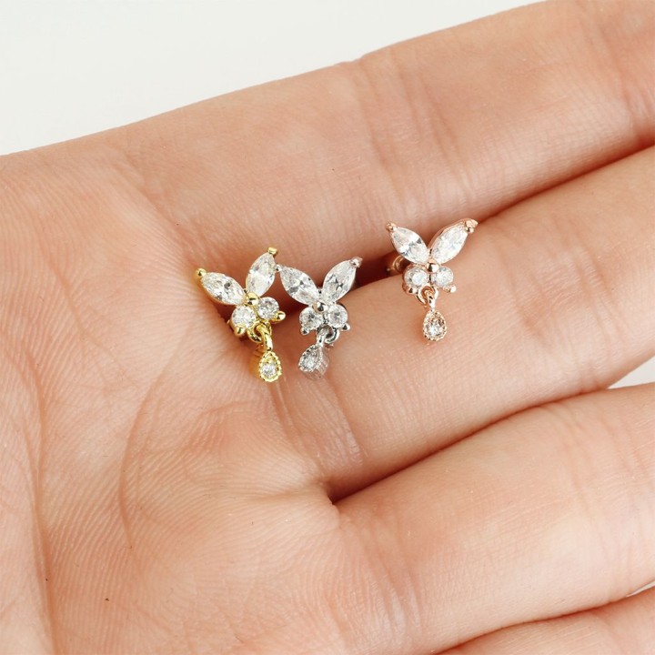 Piercing cartilage papillon et larme plaqué or rose