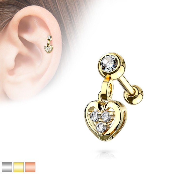 Piercing cartilage pendentif coeur gemmes plaqué or