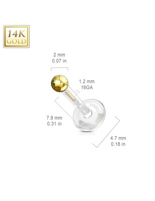 Piercing labret Bioplast + Boule Or jaune 14 carats véritable  - Bijou Piercing Labret