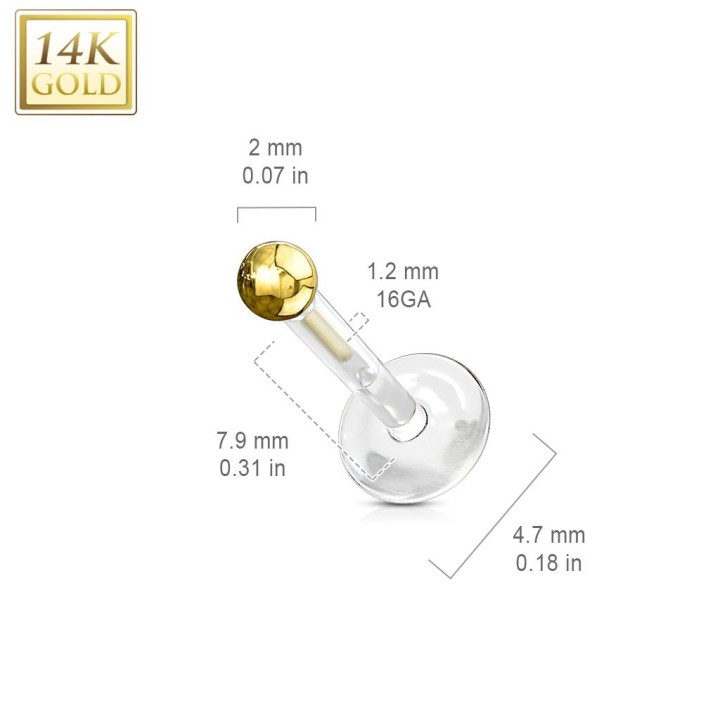 Piercing labret Bioplast + Boule Or jaune 14 carats véritable  - Bijou Piercing Labret