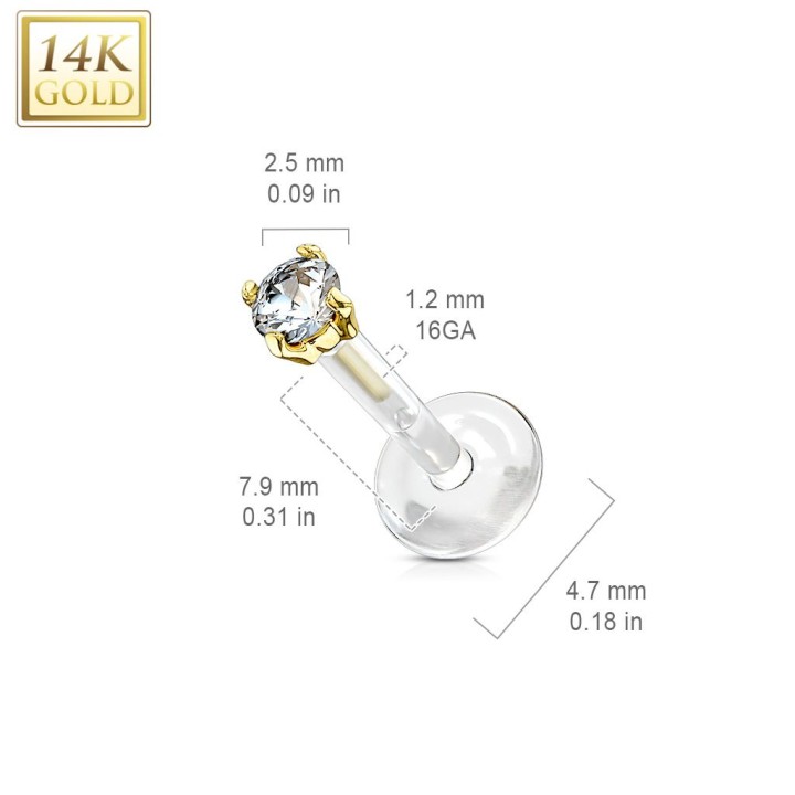 Piercing labret Bioplast + Or jaune 14K véritable avec gem