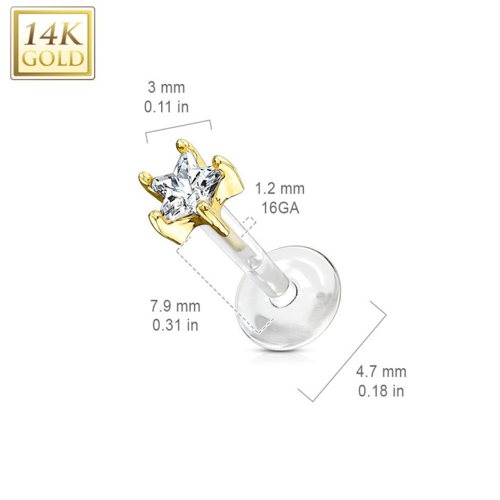 Piercing labret Bioplast et Or 14K Gemme Etoile