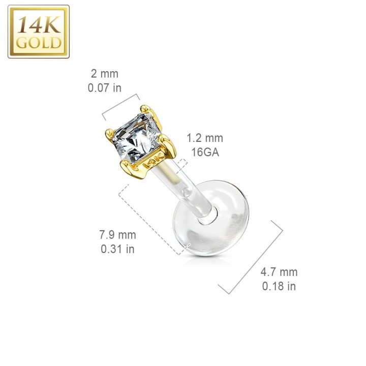 Piercing labret Bioplast et Or 14K Gemme Carré
