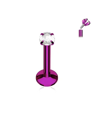 Piercing labret titane anodisé violet gemme serti griffes