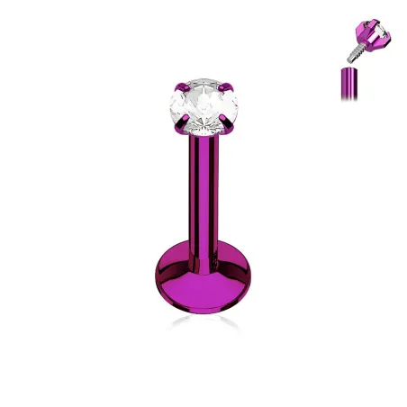 Piercing labret titane anodisé violet gemme serti griffes
